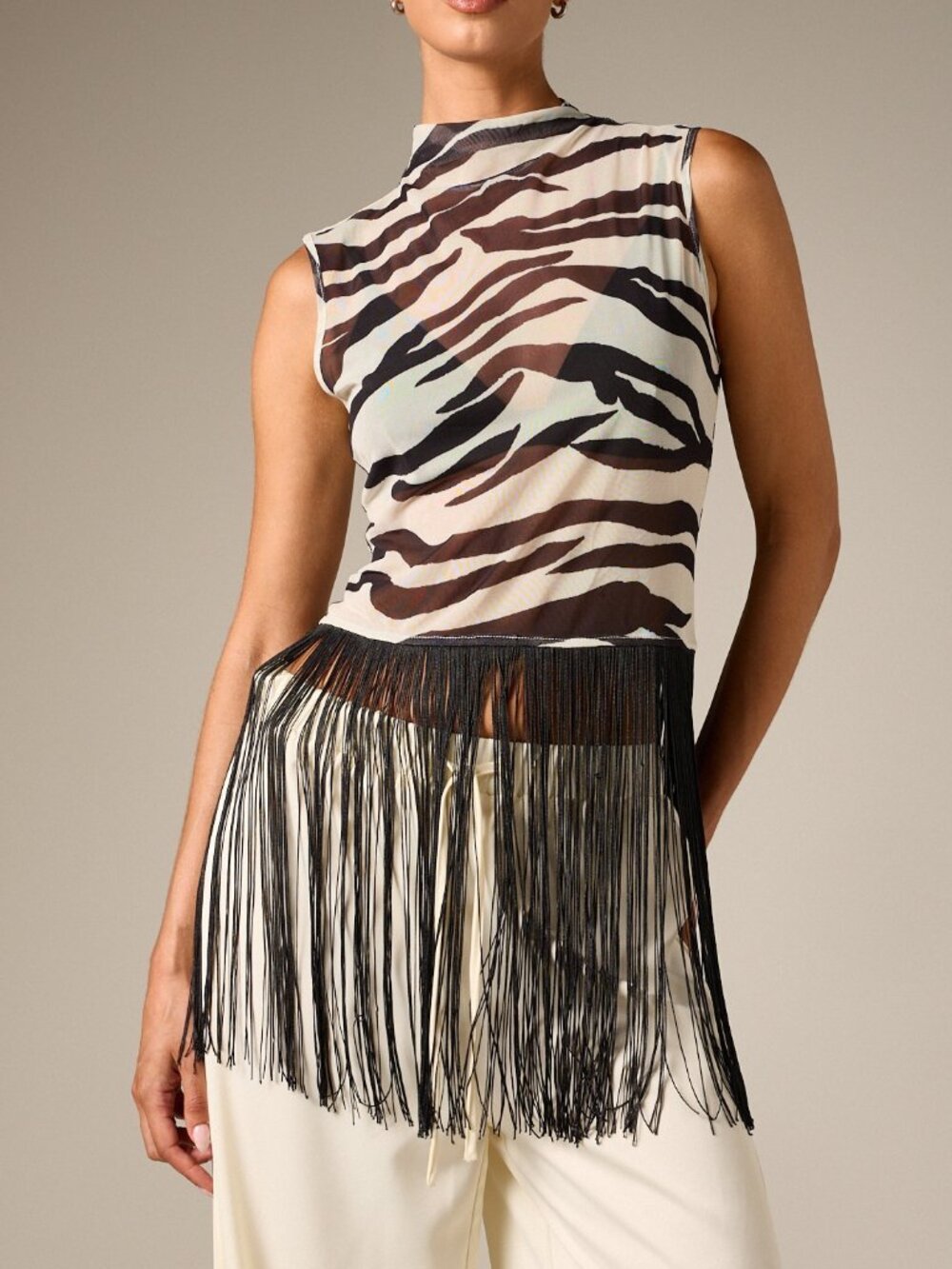 Black And White Casual Women's Tiger Print Mesh Sleeveless High Neck Top